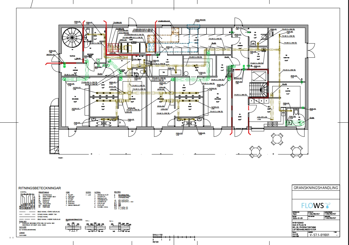 Översiktsritning luftbehandlingssystem plan 1 med kanaldimensioner, luftflöden och don för nybyggt flerbostadshus